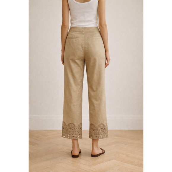 Kobi Halperin Oriana Linen Blend Tan Cropped Ankle Pants Lace Trim Hem Women’s 4 - Picture 2 of 7